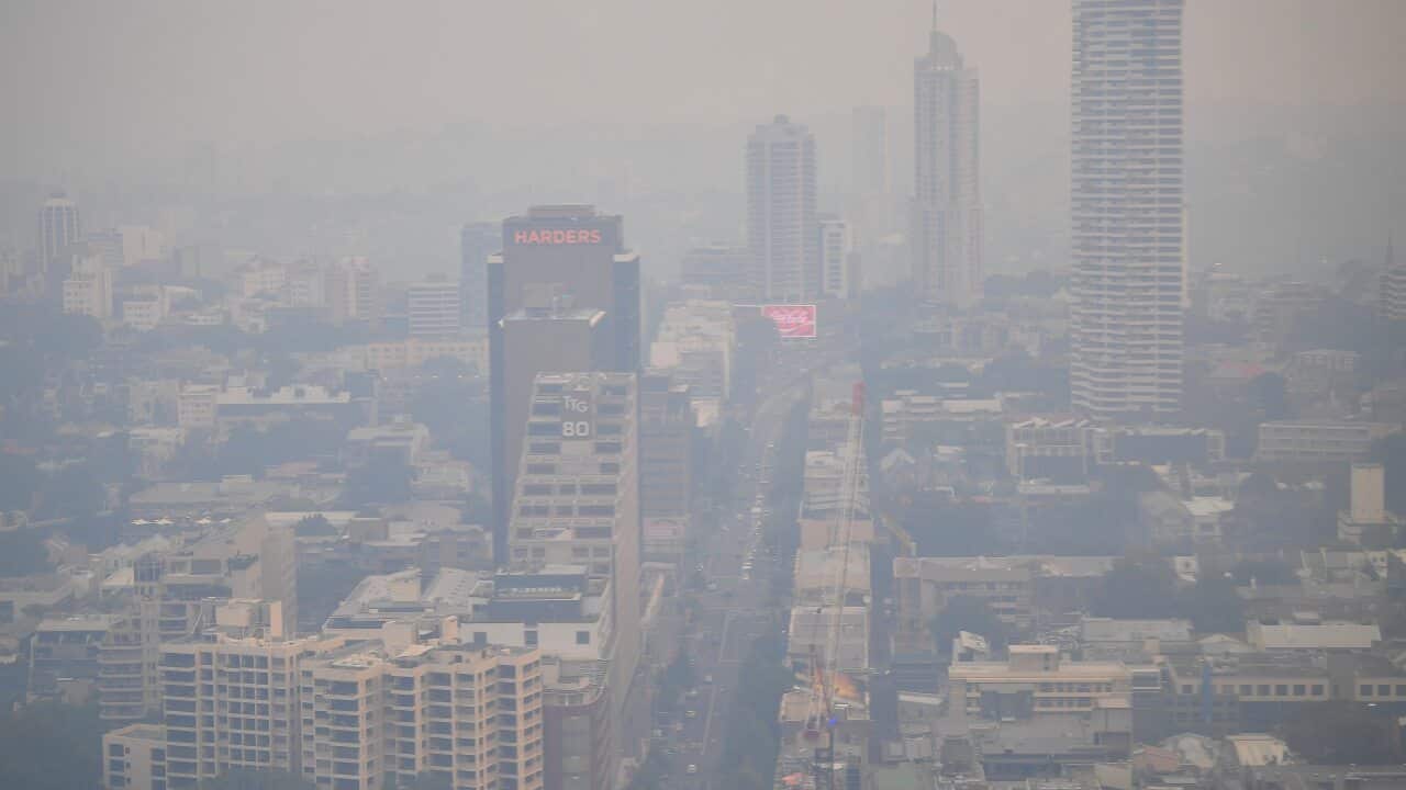 Kings Cross can be seen as smoke haze from bushfires in New South Wales blankets the CBD in Sydney, Monday, December 2, 2019. (AAP Image/Steven Saphore) NO ARCHIVING