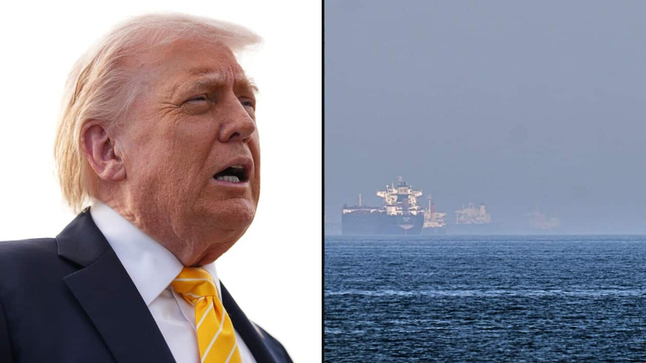 A composite photo of a man in a suit and a tie speaking (on the left) and an oil tanker on the sea (on the right).