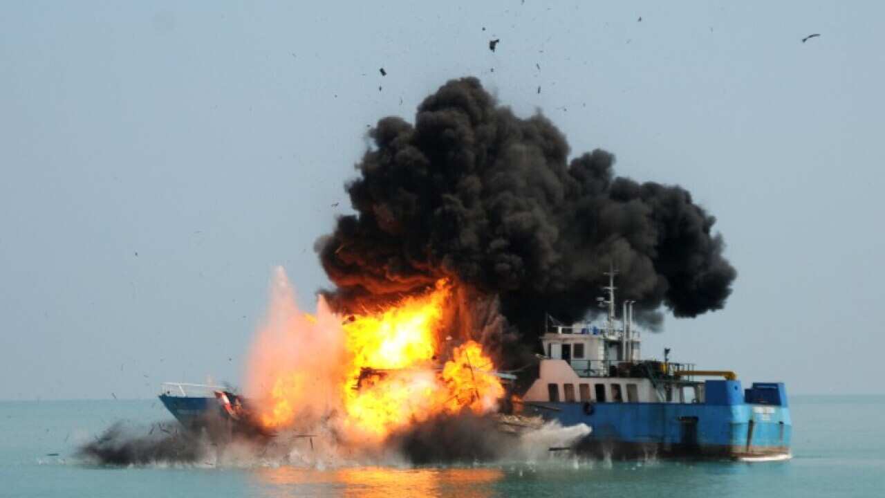 The Indonesian Navy blowing up foreign fishing vessels in 2016.