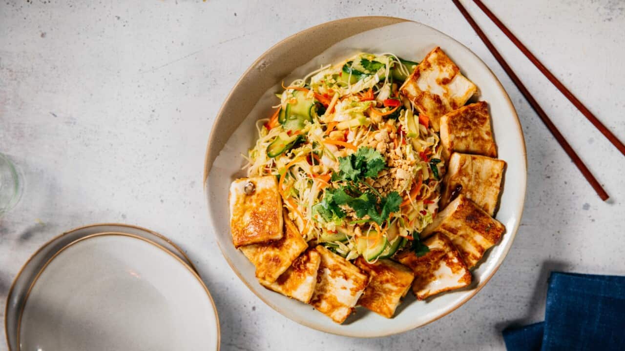 Rice noodle salad with wombok, apple, carrot and tofu