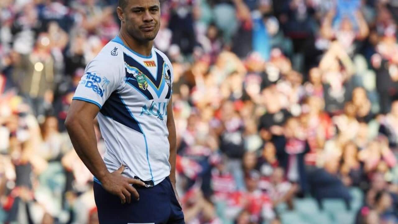 Jarryd Hayne of the Titans gestures during round 26 match.