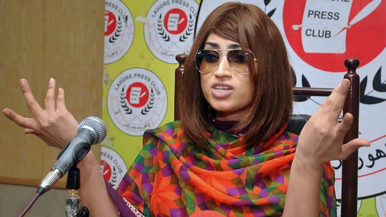 In this picture taken on June 28, 2016, Pakistani fashion model Qandeel Baloch speaks during a press conference in Lahore, Pakistan. Baloch, who recently stirred controversy by posting pictures of herself with a Muslim cleric on social media, was strangle