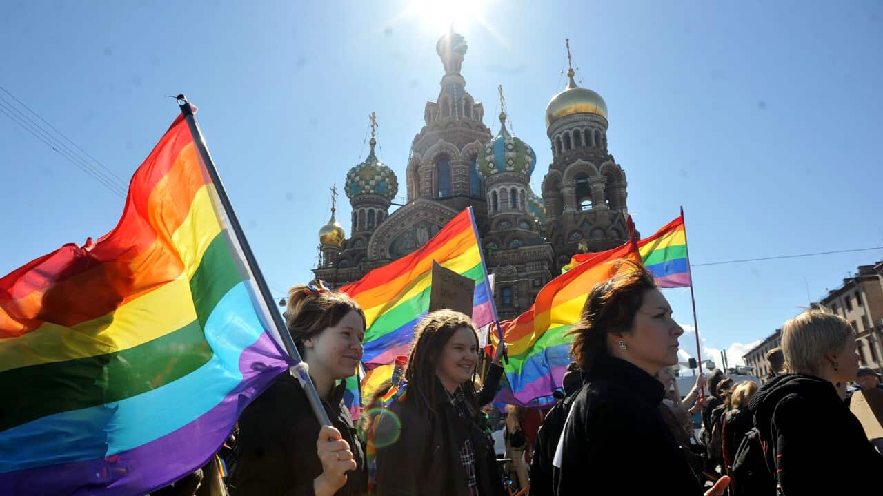 Gay rights activists march in Russia's second city of St. Petersburg May 1, 2013 AFP PHOTO / OLGA MALTSEVA (Photo credit should read OLGA MALTSEVA/AFP/Getty Images)