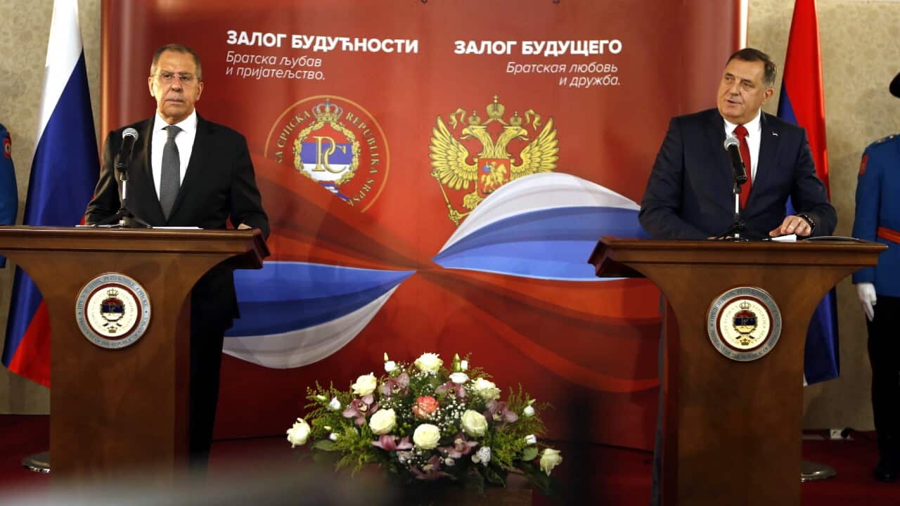 Russian Foreign Minister Sergei Lavrov (L) and Chairman of the Presidency of Bosnia and Herzegovina Milorad Dodik (R) address the media during their joint press conference in East Sarajevo