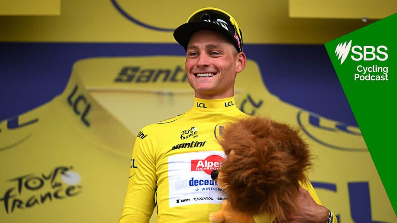 BOULOGNE-SUR-MER - JULY 06: Mathieu van der Poel of Netherlands and Team Alpecin - Deceuninck celebrates at podium as Yellow Leader Jersey winner during the 112th Tour de France 2025, Stage 2 a 209.1km stage from Lauwin-Planque to Boulogne-sur-Mer / #UCIWT / on July 06, 2025 in Boulogne-sur-Mer, France. (Photo by Dario Belingheri/Getty Images)