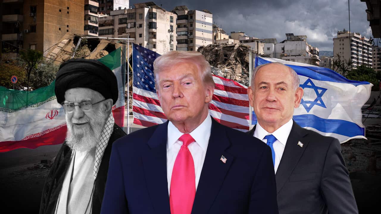 Iran's late supreme leader Ayatollah Ali Khamenei, US President Donald Trump and Israeli Prime Minister Benjamin Netanyahu, with national flags behind them and damaged buildings in the background.