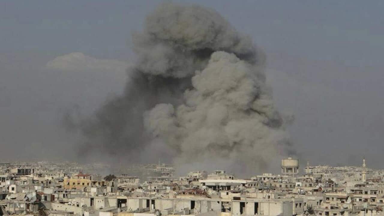 Government airstrikes in Ghouta, Syria.