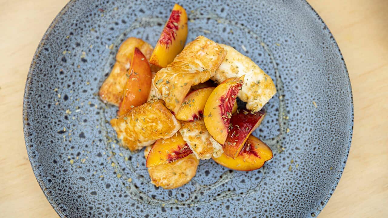 Grilled nectarine and haloumi with honey