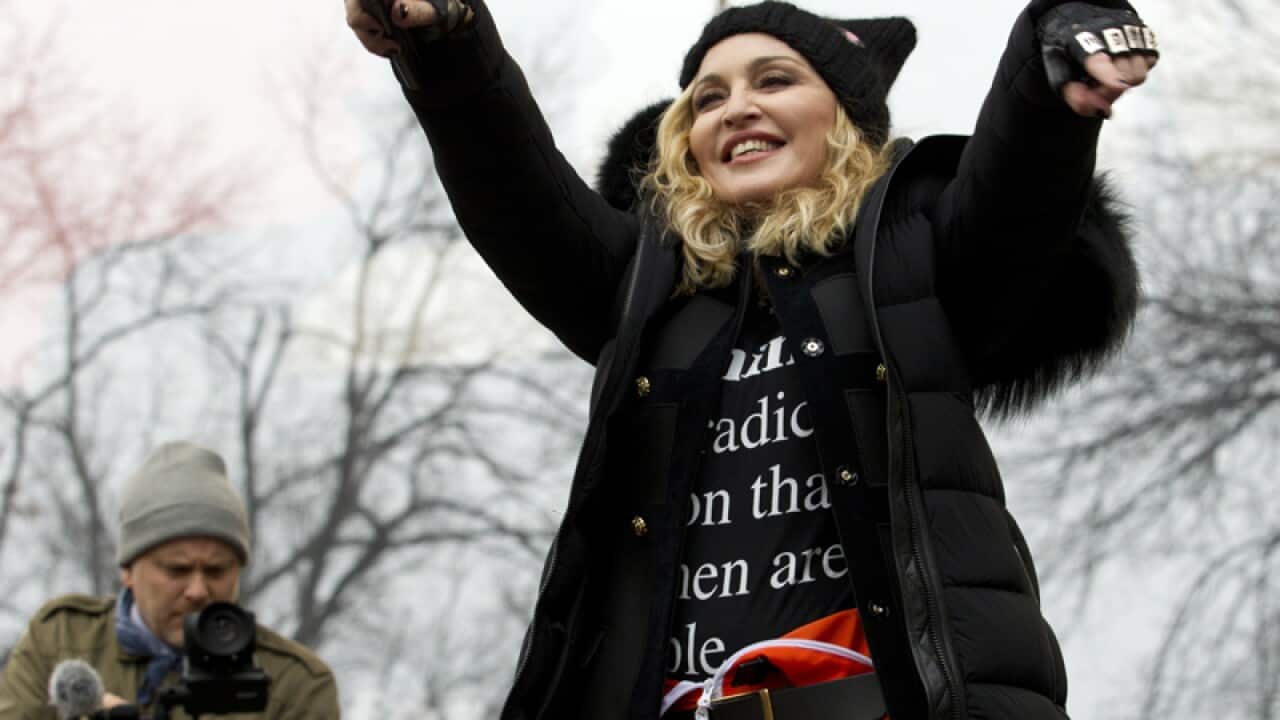 Madonna performs on stage during the Women's March rally