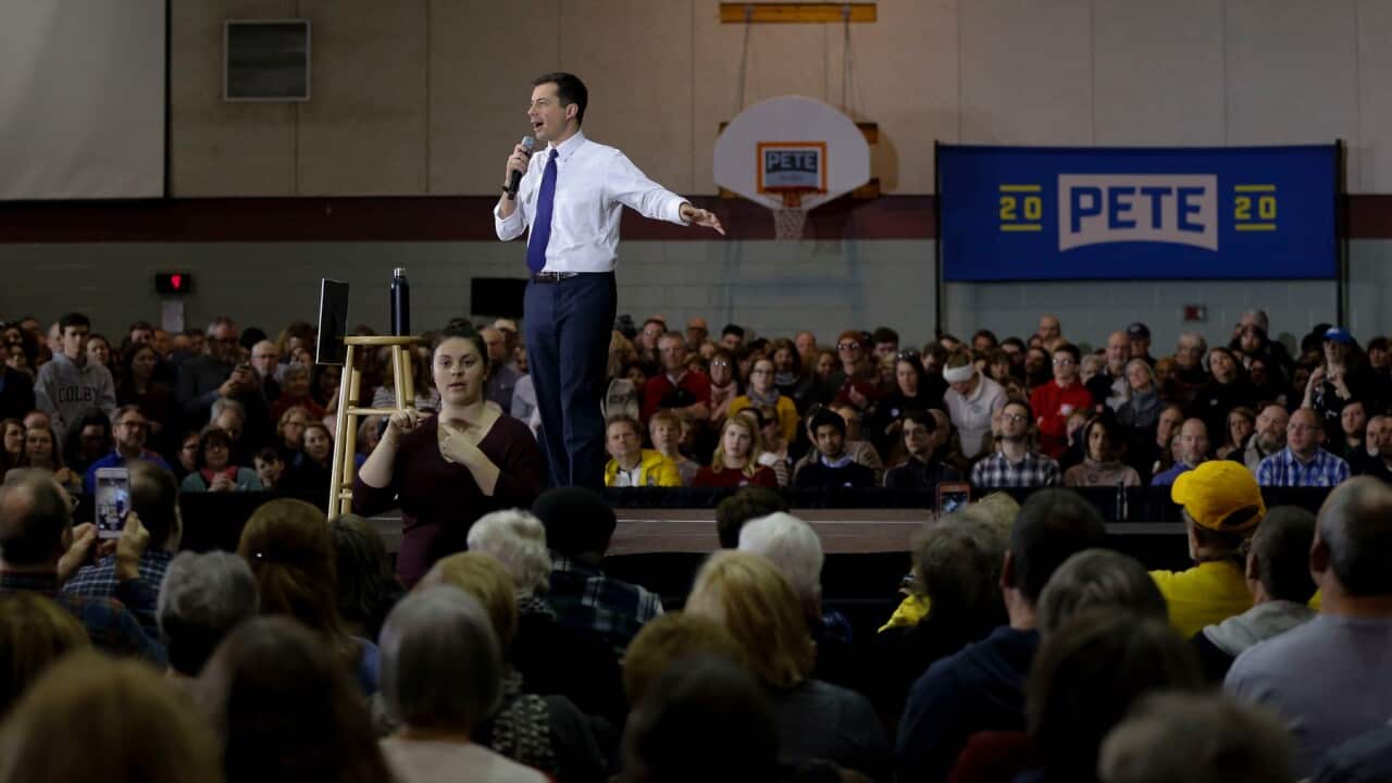 Pete Buttigieg campaigns at Dover Middle School in Dover, New Hampshire