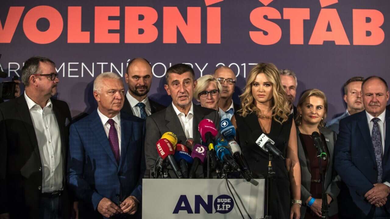 Andrej Babis, Slovak-born billionaire and leader of the ANO movement, speaks at a press conference at the ANO movement election