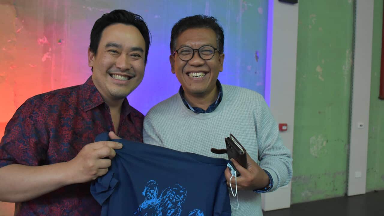 Konfir Kabo (left) after the showing of the film All Circles The Moon And Dirt Shines In The Sun in December 2021.