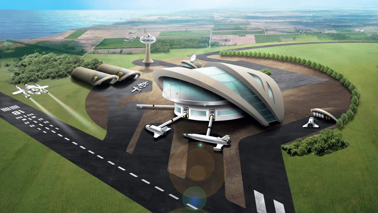 An artist’s impression of a UK spaceport and Skylon spaceplane concept (Image: UK government)