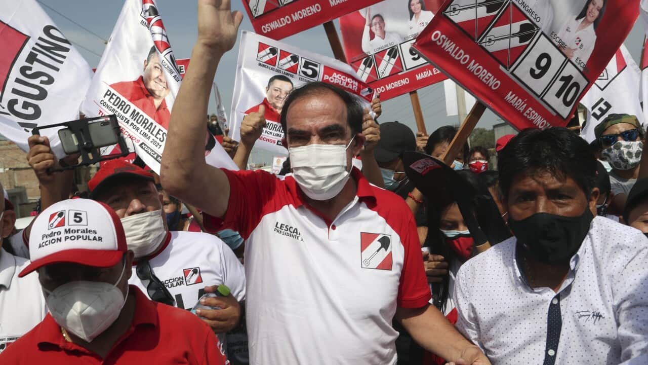 Popular Action presidential candidate and frontrunner Yonhy Lescano at a campaign rally in Lima, Peru, on 29 March, 2021.