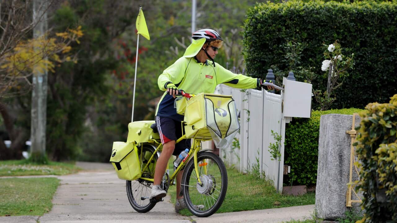An Australia Post worker in a hi-vis uniform delivers mail by pushbike on a suburban street.
