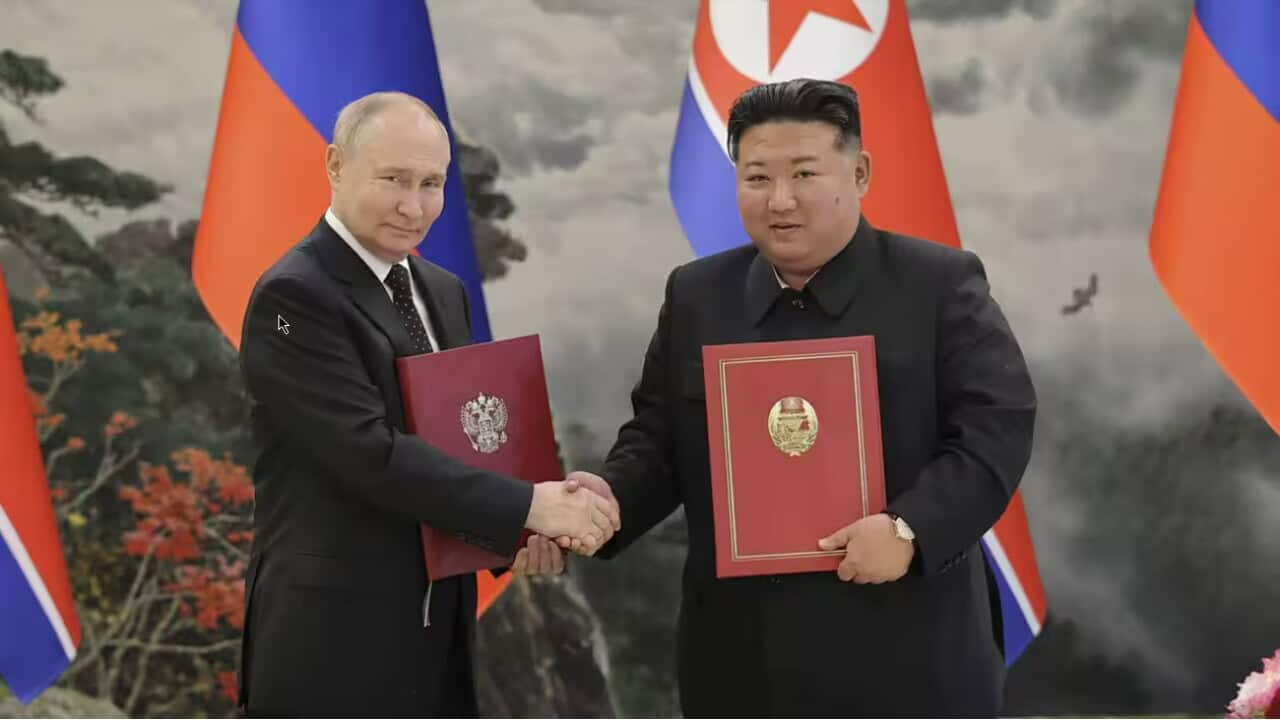 Russian President Vladimir Putin has said a treaty he signed with Kim Jong-un during a visit to Pyongyang included a mutual assistance clause for each side to help the other repel external aggression. Credit: North Korea News Agency/ AP