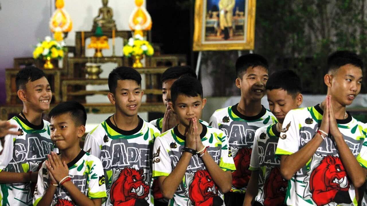 The boys as they speak with media about the Thai cave rescue. (AAP)