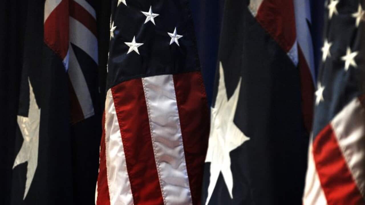 The flags of Australia and the United States