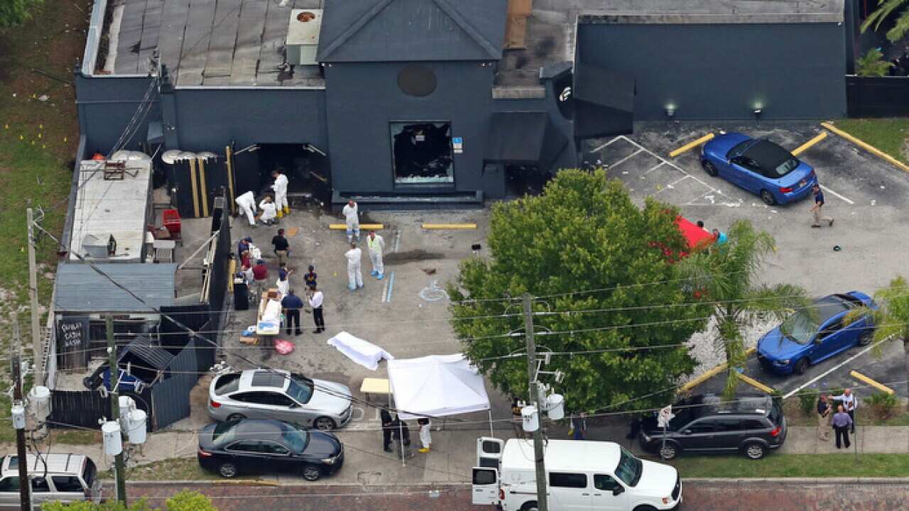 Aerial view of the mass shooting scene at the Pulse nightclub in Orlando, Fla.