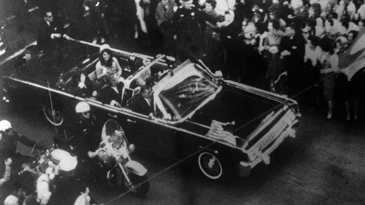 An overhead view of President John F. Kennedy's car in Dallas motorcade on Nov. 22, 1963, 