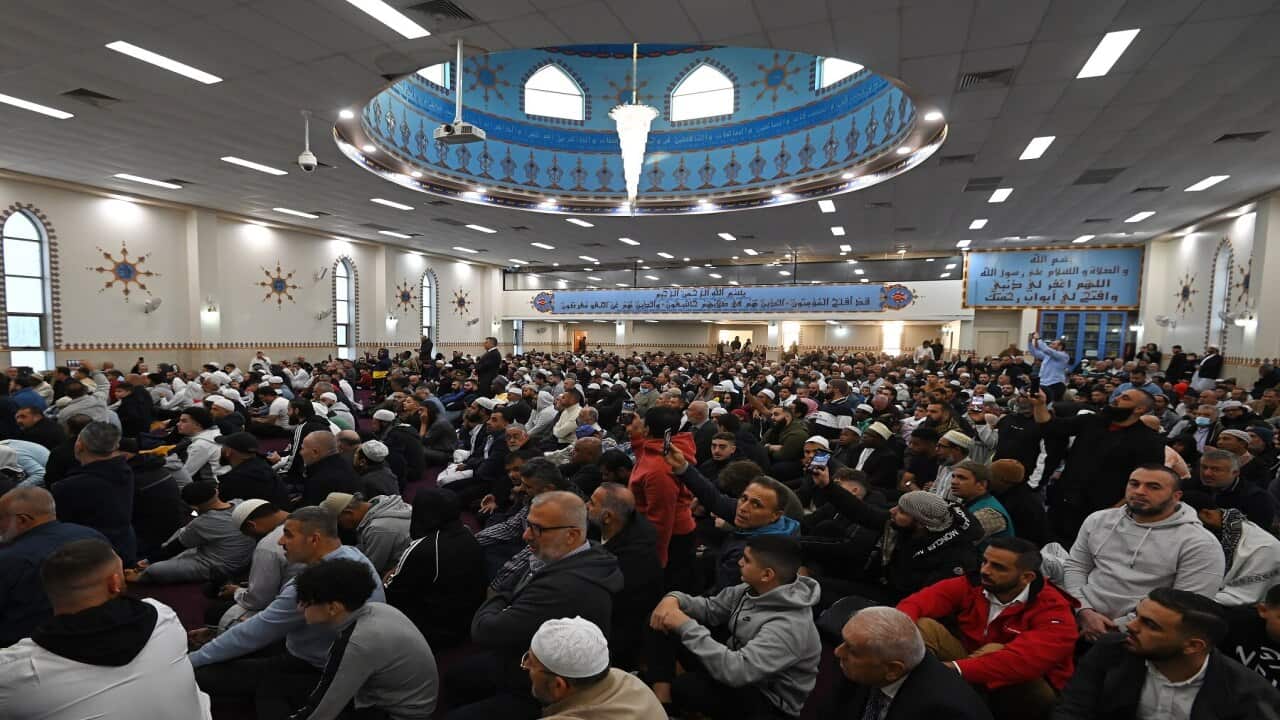 Worshippers attend Eid al-Fitr prayers at the Lakemba Mosque in Sydney