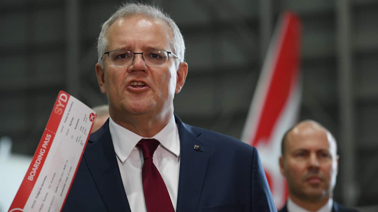 Prime Minister Scott Morrison during an aviation and tourism package announcement at Sydney Airport.
