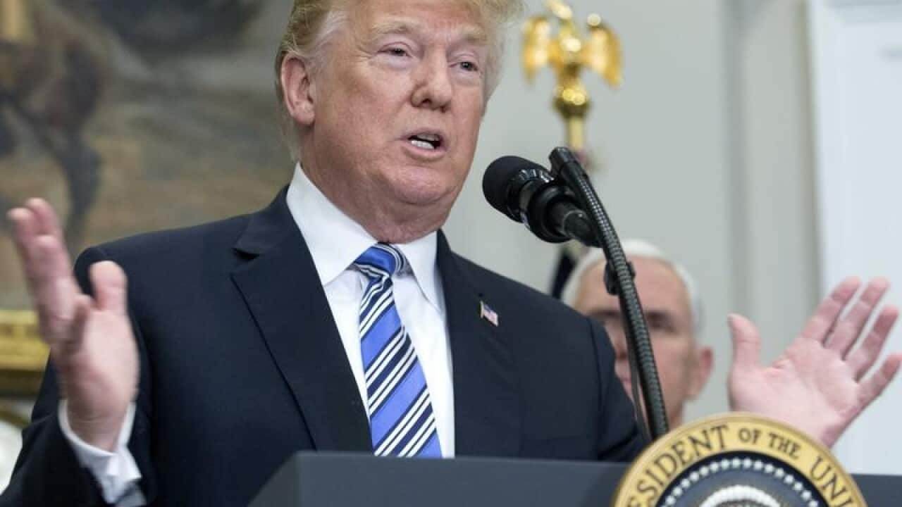 US President Donald delivers remarks.