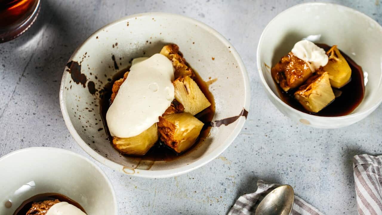 Roasted pineapple with rum glaze and vanilla Chantilly