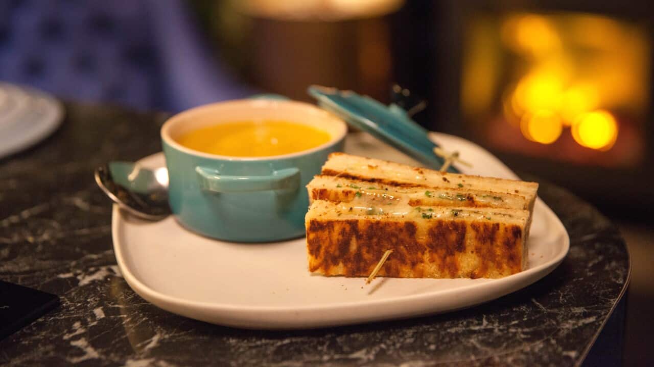 Thai pumpkin soup with gruyère toasties