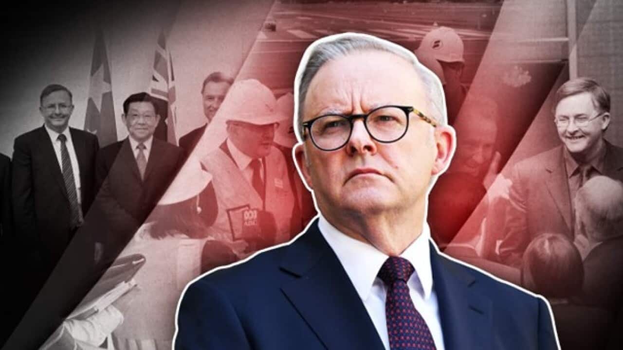 A stylised image of Anthony Albanese with black-and-white photos of him alongside other leaders and workers in the background.