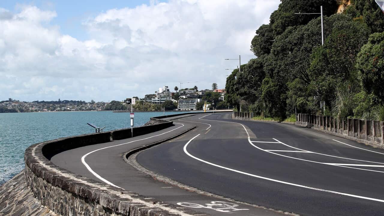 One of Auckland's busiest roads, Tamaki Drive, is deserted as locals avoid waterfront areas