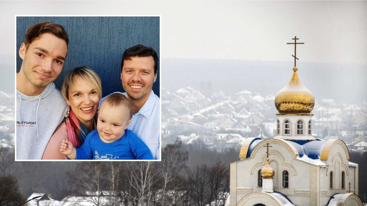 Olena Lima, pictured with her family, and a church in the village of Shebekino outside Belgorod, near the Ukrainian border