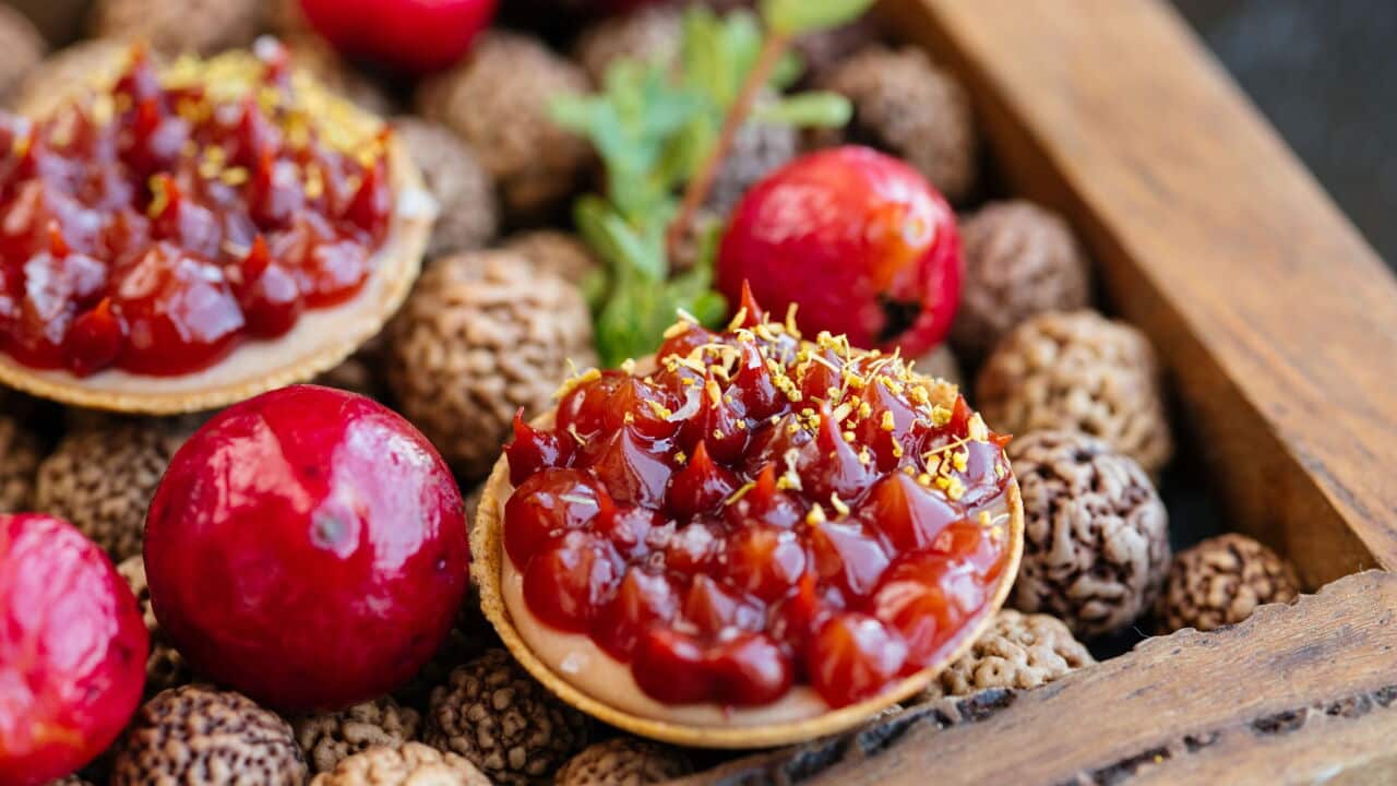 Rye tart, duck liver mousse, quandong and fennel - By chef Matthew Sartori