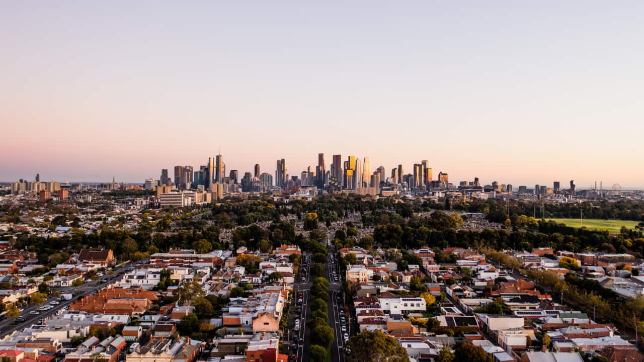 Aerial of suburban Melbourne and CBD