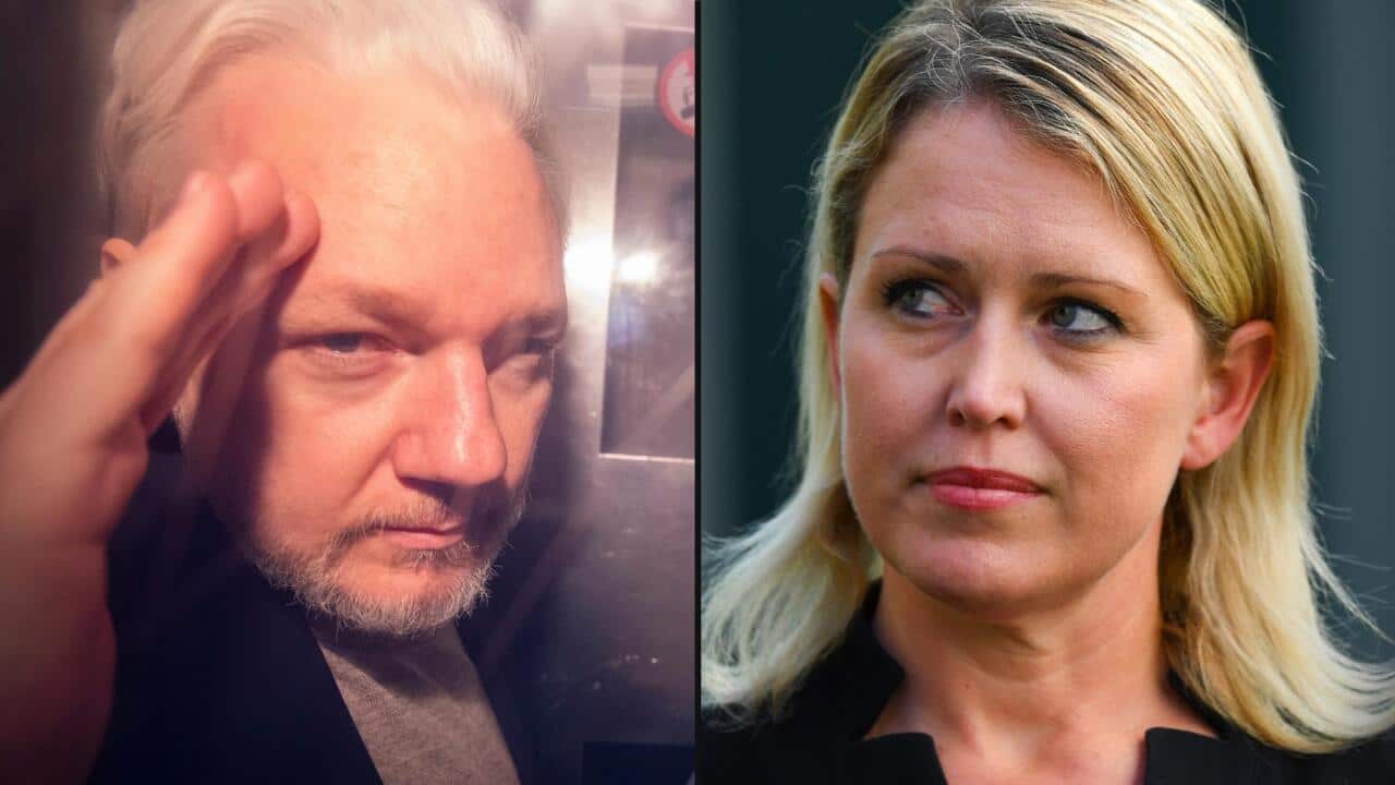 A split image. On the right is Julian Assange, on the left is his lawyer Jennifer Robinson.