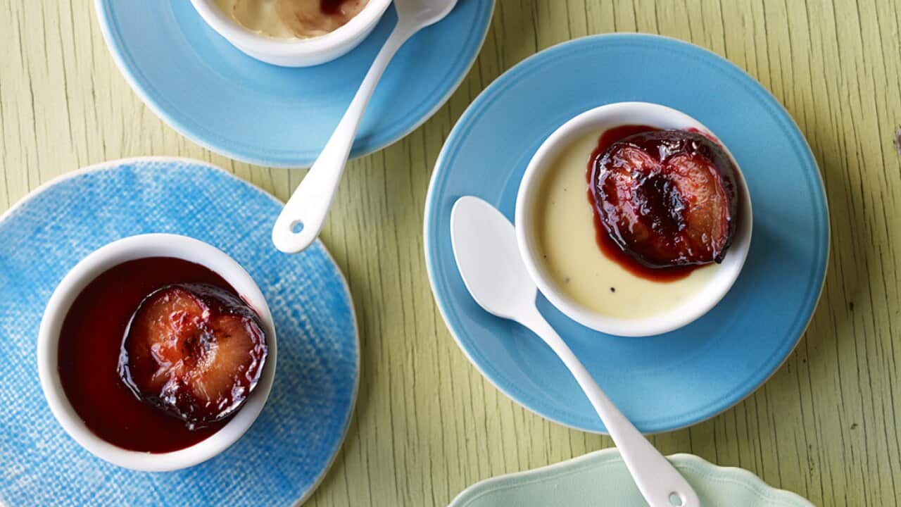 Black pepper pannacottas with vanilla roasted plums