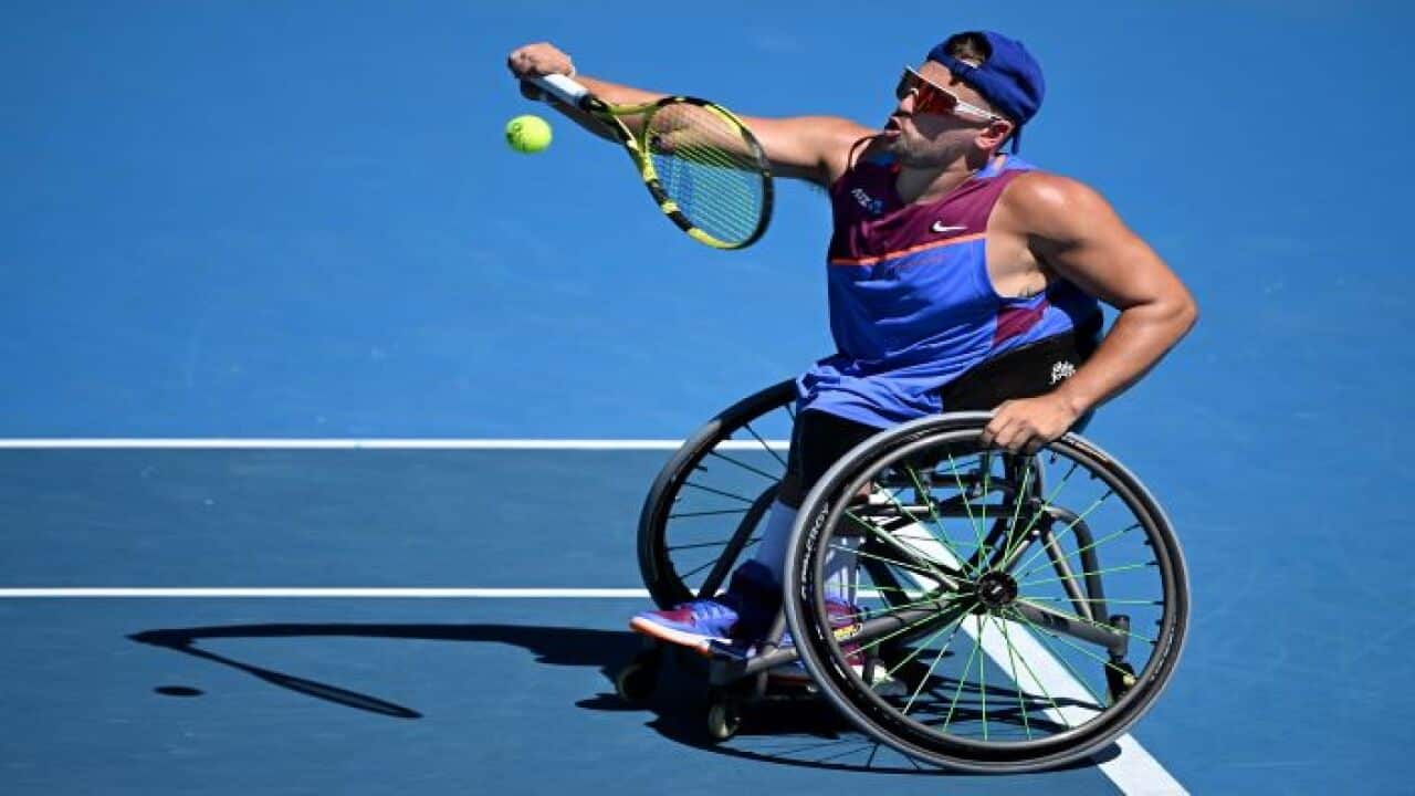 Dylan Alcott during his mens quad wheelchair singles semi final match at the Australian Open