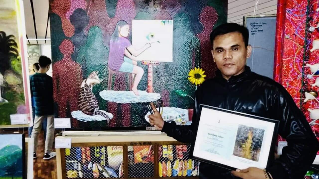Medardo Olaco is not just a dedicated security guard but is also a talented painter who produces exceptional art pieces.
