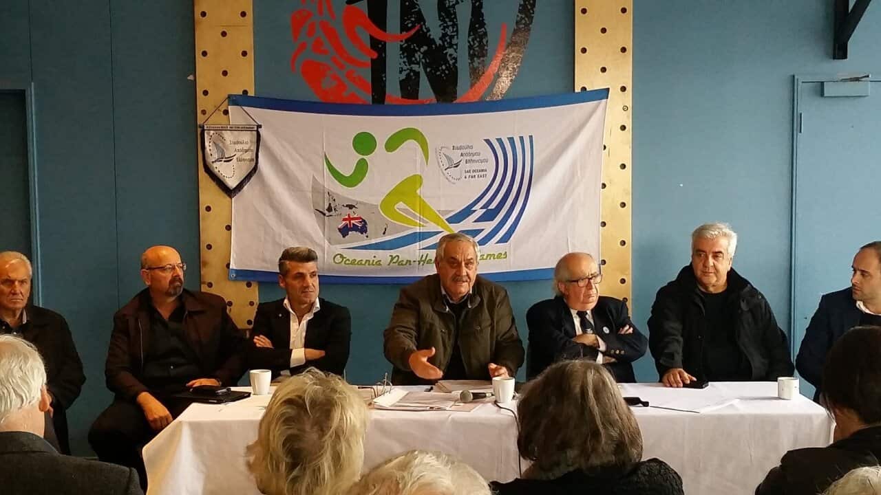 Mr George Angelopoulos at the centre, while talking at the SAE Oceania's AGM.