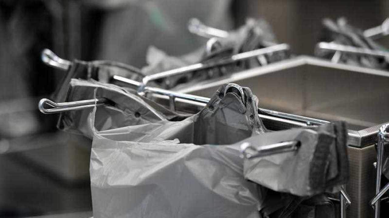 Plastic shopping bags at a Woolworths store