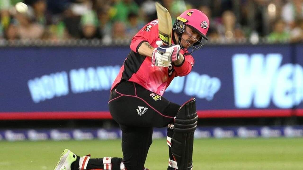Nic Maddinson of the Sydney Sixers hits out during the BBL.