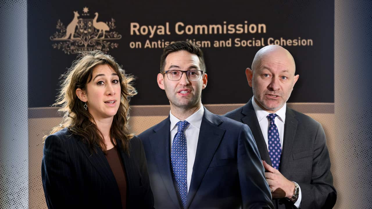 Graphic art of a woman and two men in suits superimposed over a sign that reads Royal Commission on Antisemitism and Social Cohesion
