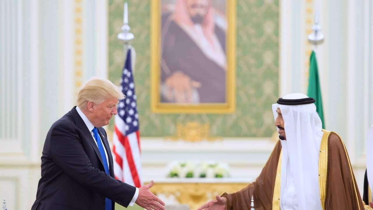 President Donald Trump and Saudi Arabia's King Salman bin Abdulaziz al-Saud shake hands at a signing ceremony at the Saudi Royal Court.