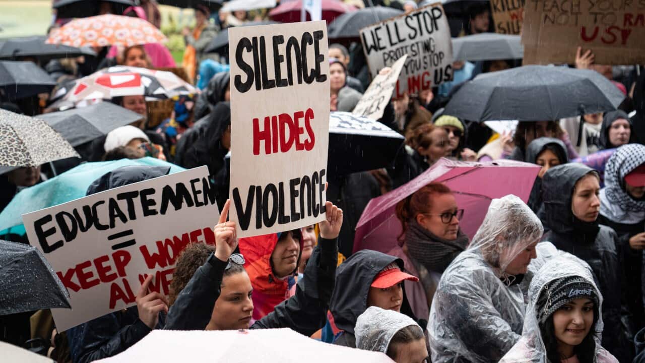 Protesters hold up signs in a rally over domestic violence