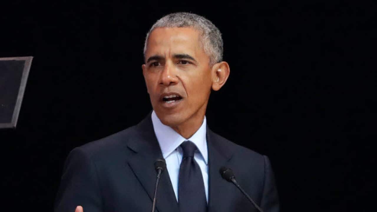 Former U.S. President Barack Obama speaks at the Wanderers Stadium in Johannesburg, South Africa.