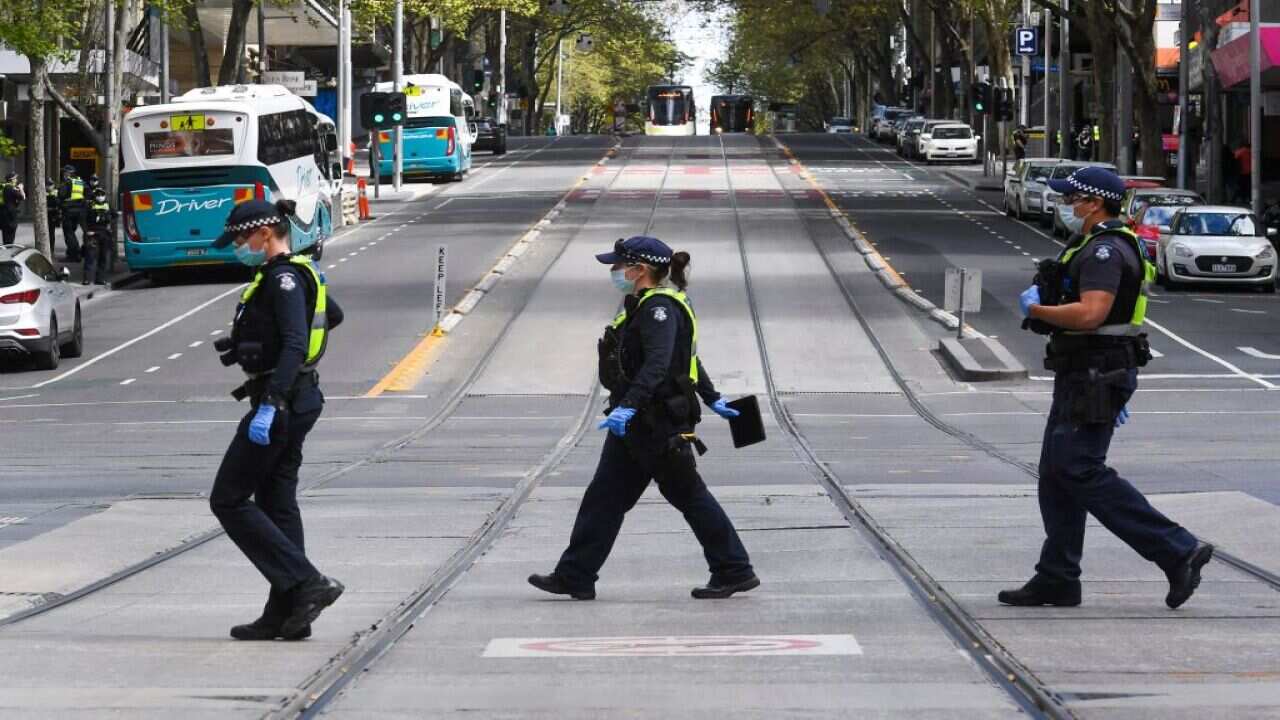 Police officers on patrol in Melbourne on 24 September, 2021.