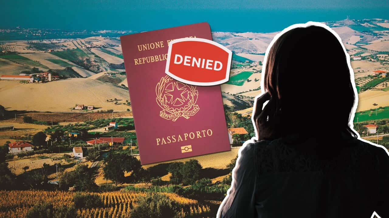 A digital graphic of a passport with the word 'denied' over it and the silhouette of a woman.
