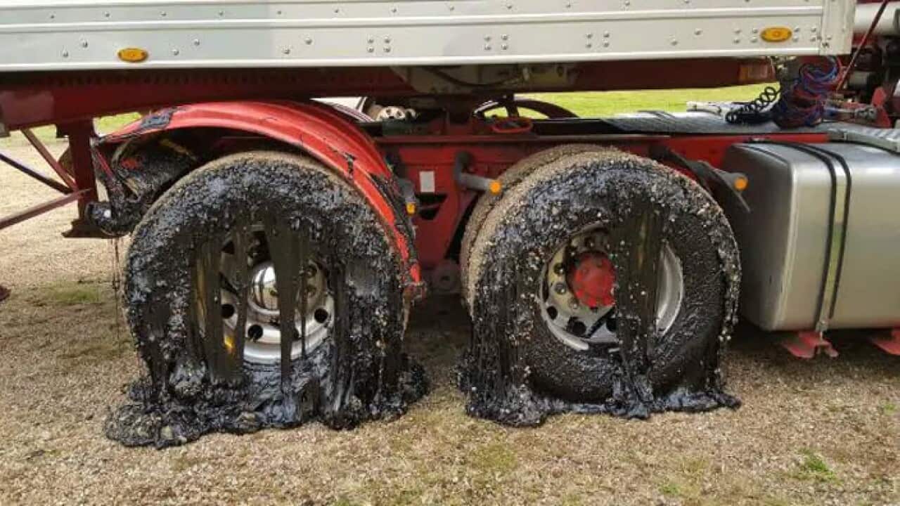 A truck driver was forced to abandon his vehicle outside the Jaggan Hall after the tyres were gummed up with tar driving along Millaa Millaa Road.