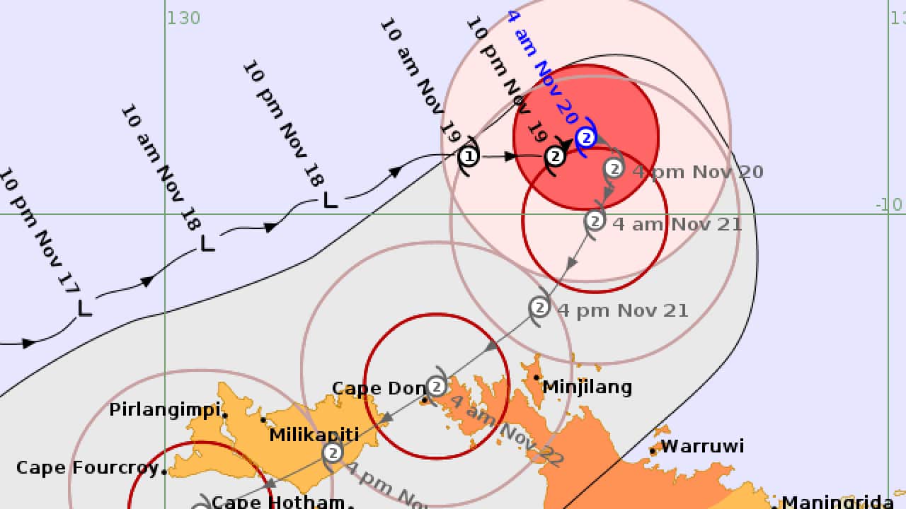 Cyclone Fina forecast map showing its projected path toward the Top End with category-two warning zones highlighted.