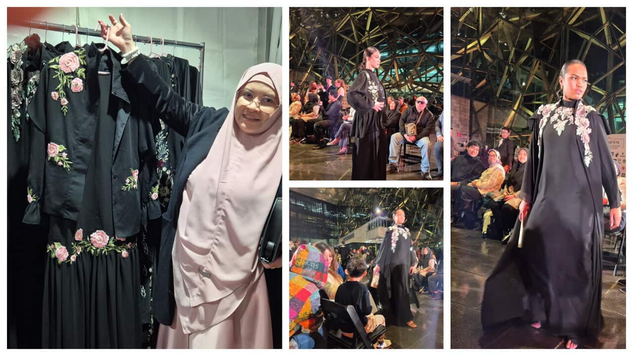 Alia Siregar (left image), showing her design and Melbourne models on the catwalk showcasing Alia’s dresses – Federation Square, Melbourne – 22 May 2026. Photos courtesy: SPD.